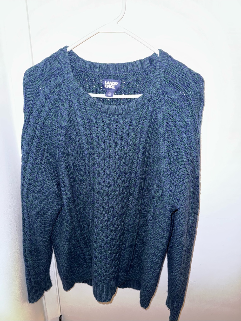 Lands' End Men's Cable Knit Crewneck Sweater Green and Blue